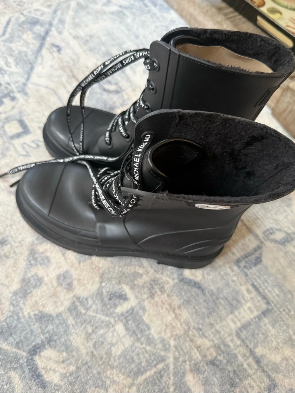 Brand new, Never worn Michael Kors Black Lace-Up Rain Boot with Branded Laces